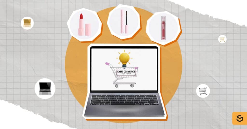 Laptop with Kylie Cosmetics cart and makeup products above