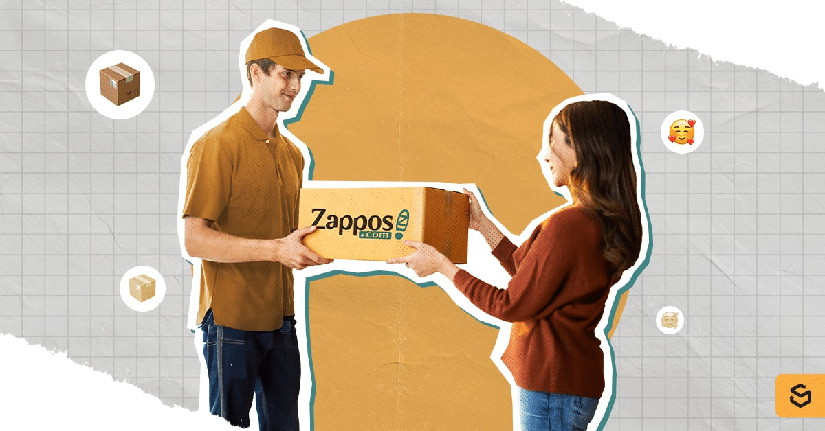 A delivery man handing out the Zappos package to a woman