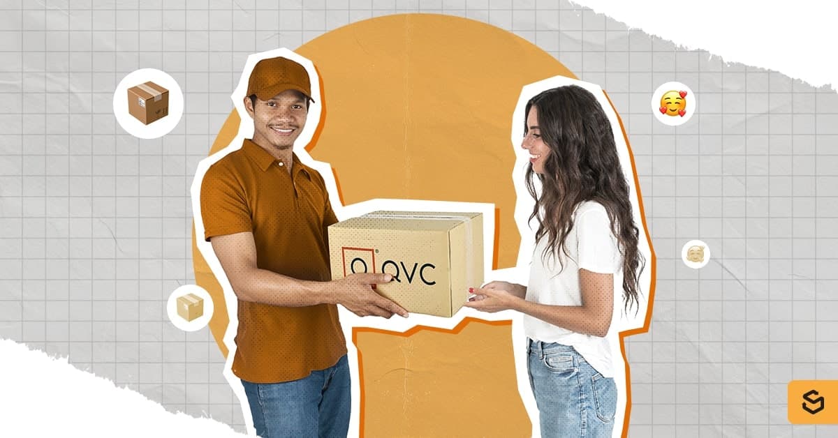 A delivery man handling a QVC package to a woman