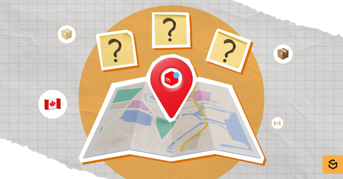 A map, destination pin, and question marks on pieces of paper