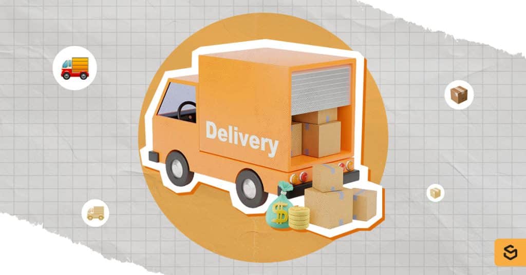A delivery truck, packages, and coins
