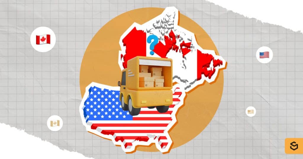 A delivery truck with packages and Canada and US islands