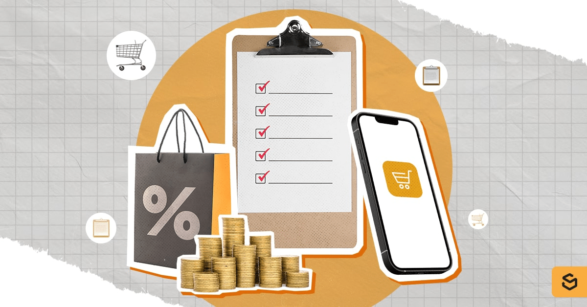 gold coins, shopping bag, checklist, and cellphone