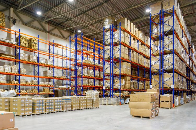 Interior of a warehouse with packages and pallets