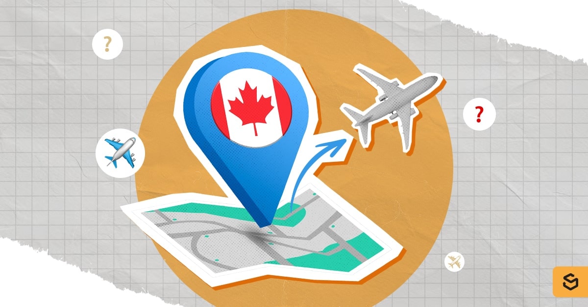 A map, a blue destination pin with the Canadian flag, and an aeroplane flying outside the country