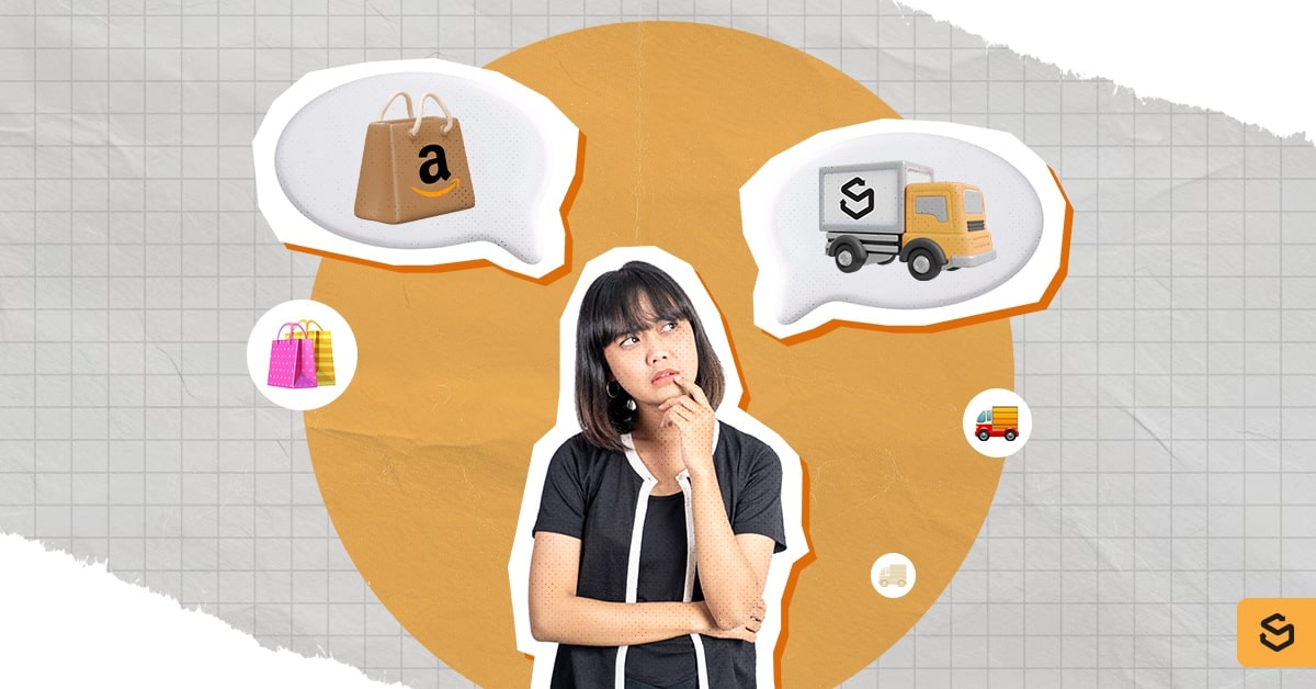 Une femme pensant à un sac de courses Amazon et à un camion Shippsy