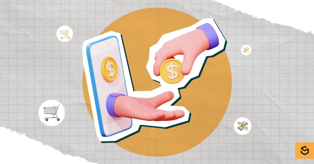 A hand giving a coin to another hand coming out of a phone.