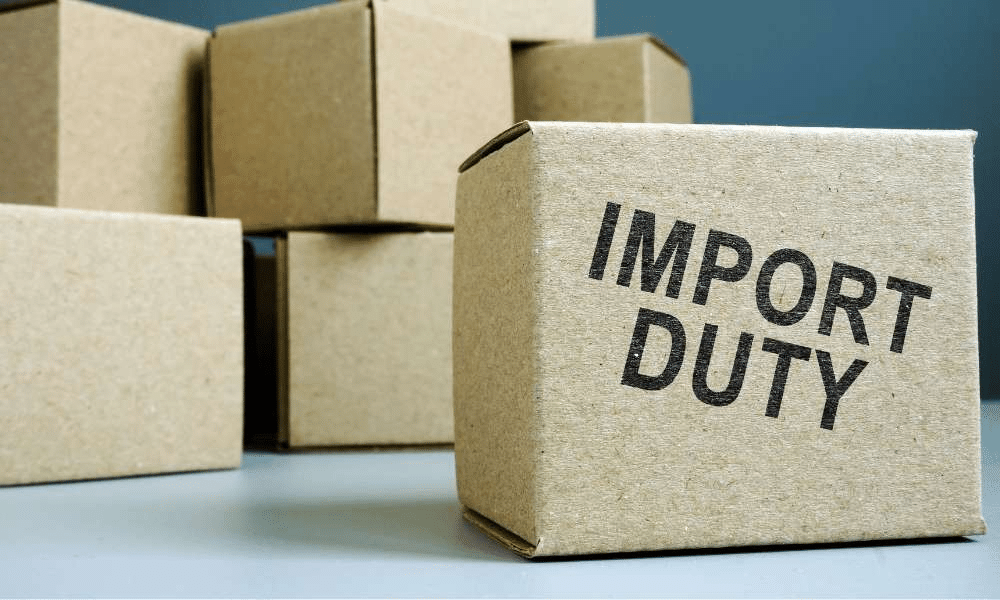 A box stamped with the words 'Import Duty.'
