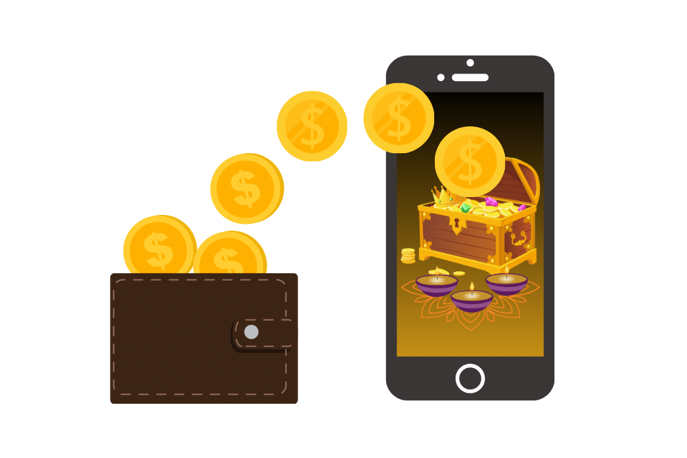 A brown wallet spurting gold coins to a mobile phone