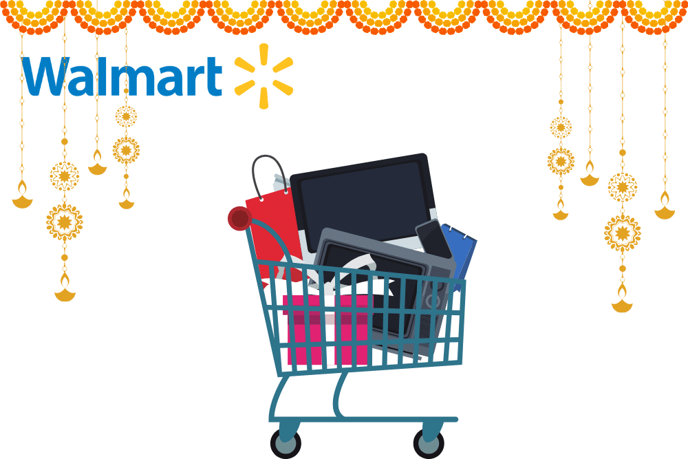 A shopping cart full of different items, including microwave oven