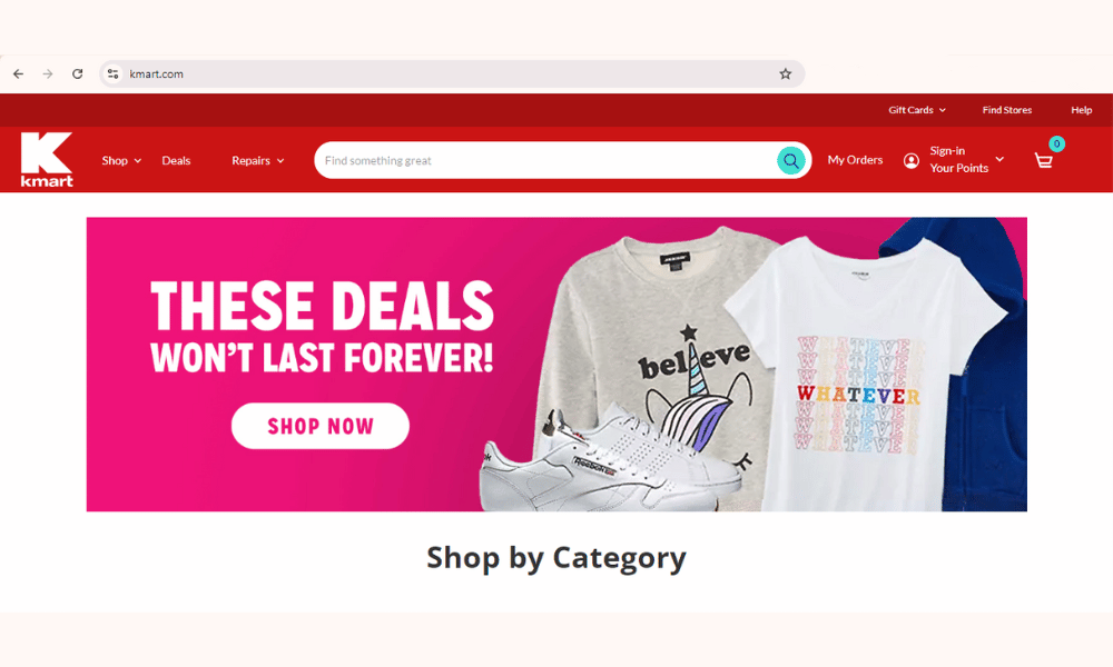 Kmart US website dashboard.