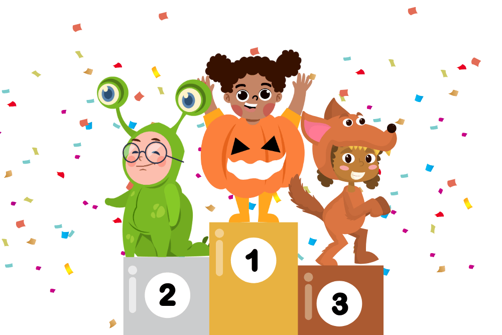 Three children wearing costumes standing in numbered podiums