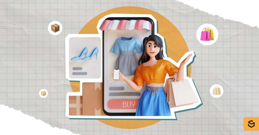 Illustration of a girl shopping online.
