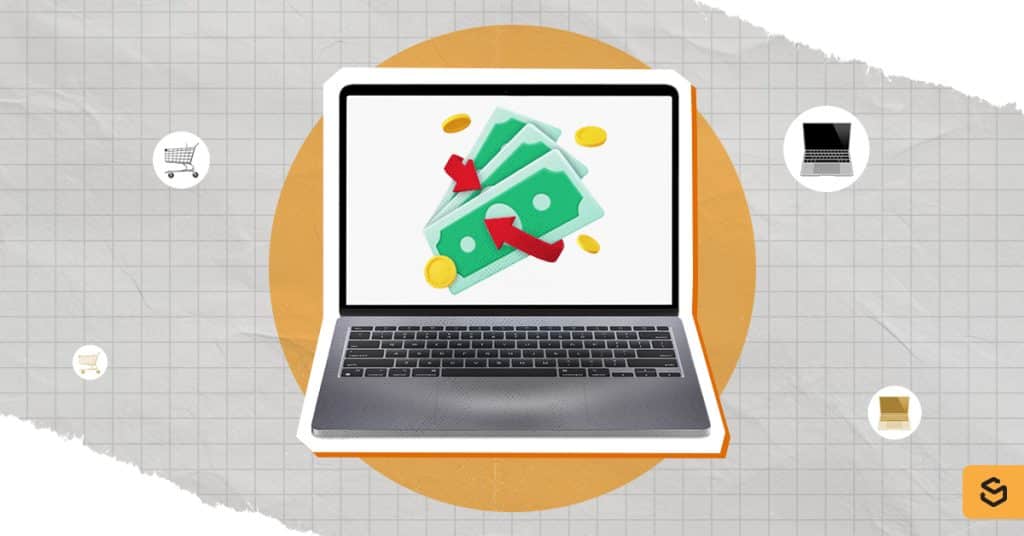 A laptop with cash, coins, and arrows on the screen
