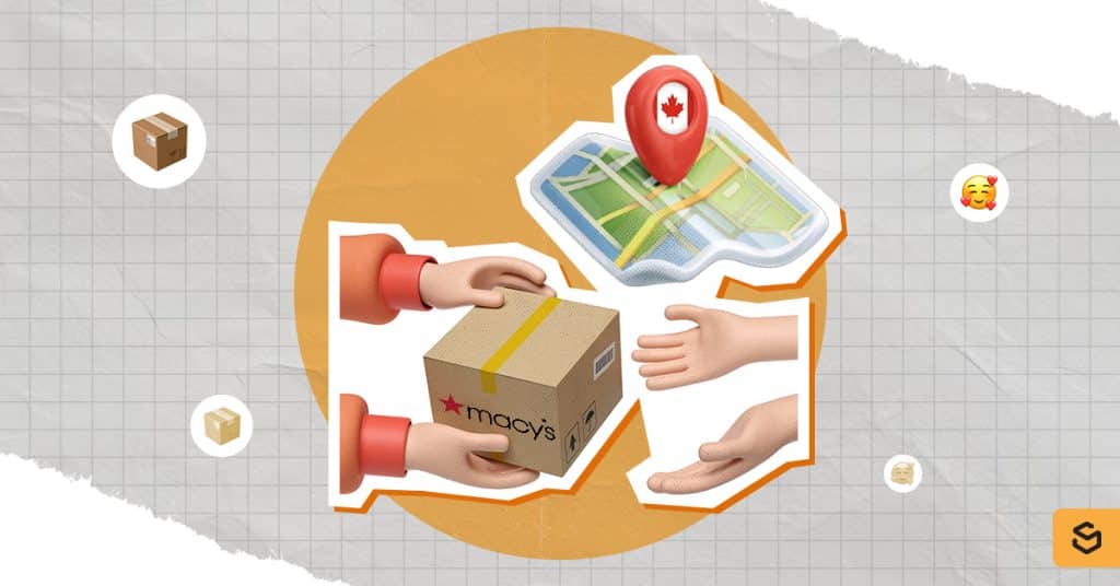 Hands receiving a Macy's package, and a map with a Canada pin behind