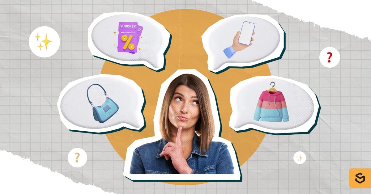 Girl with thought bubbles of handbag, jacket, vouchers, and phone.