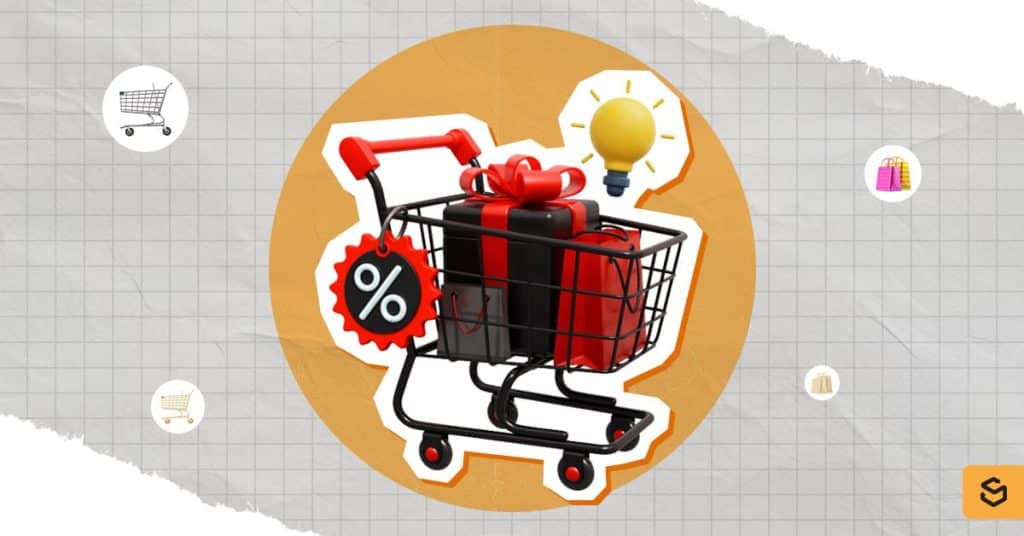A shopping cart with black and red bags and a gift
