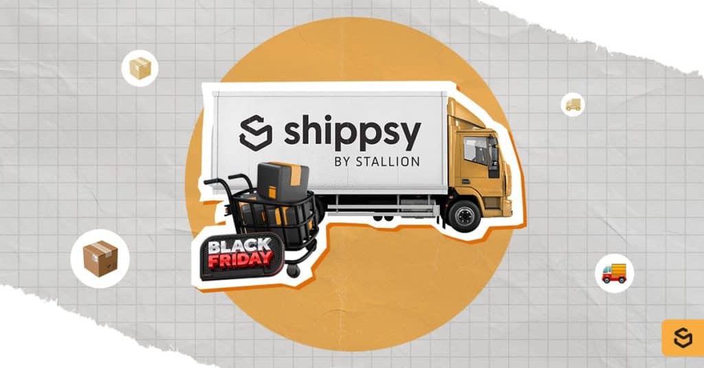 A shopping cart with black packages and a Black Friday sign
