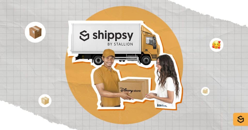 A woman receiving a Disney Store package from a deliveryman