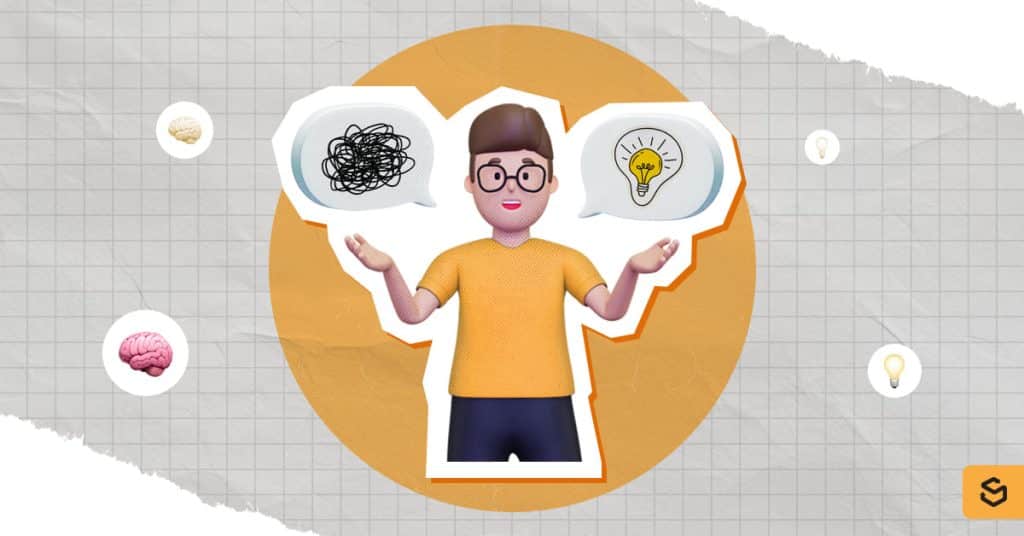 A person between a scribble and light bulb