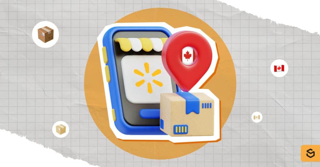 A phone with the Walmart logo and a package with Canada pin