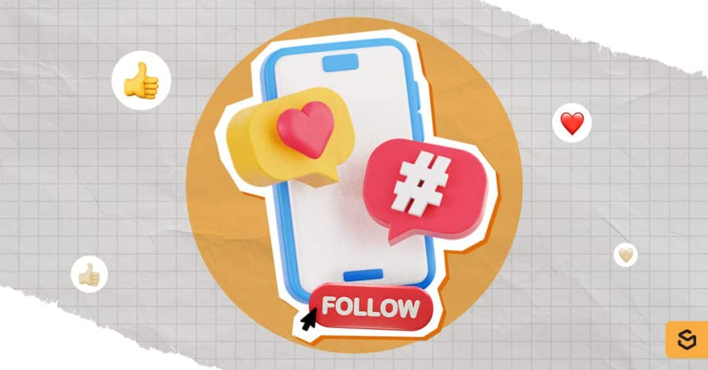 A phone, heart, hashtag, and follow button