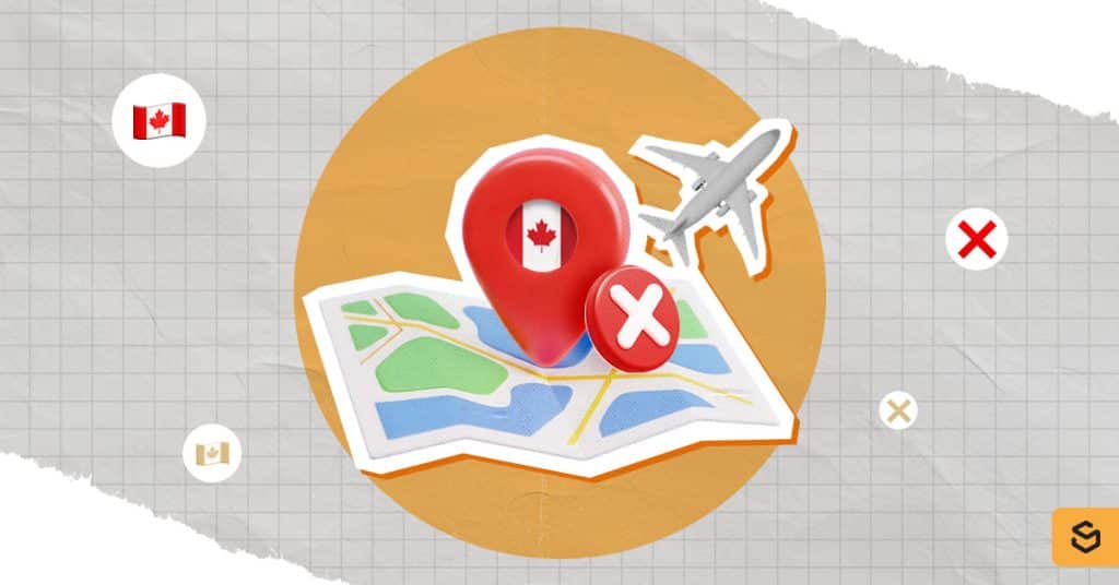 A map with Canada pin, X mark, and airplane