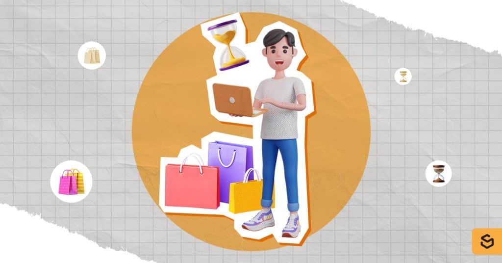 Un personnage en 3D tient un ordinateur portable, avec à ses côtés des sacs de courses de différentes couleurs