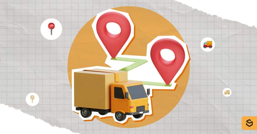 A delivery truck and two location pins