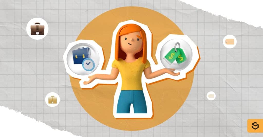 Une femme en 3D qui hausse les épaules, tenant une mallette et un chronomètre à la main gauche, et affichant un prix à la main droite