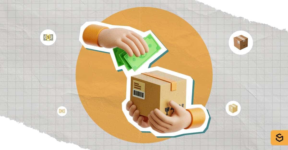 A hand handing paper bills to another in exchange for a box.
