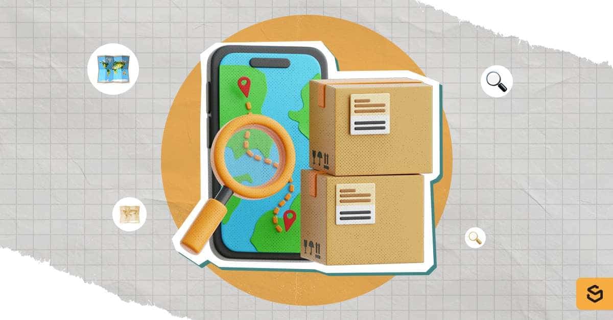 Illustration of phone tracking and packages.