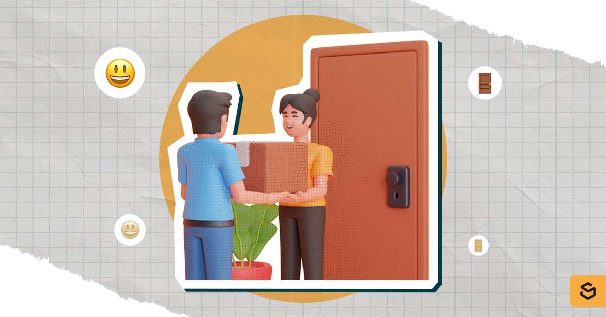 A woman receiving a package from a man.