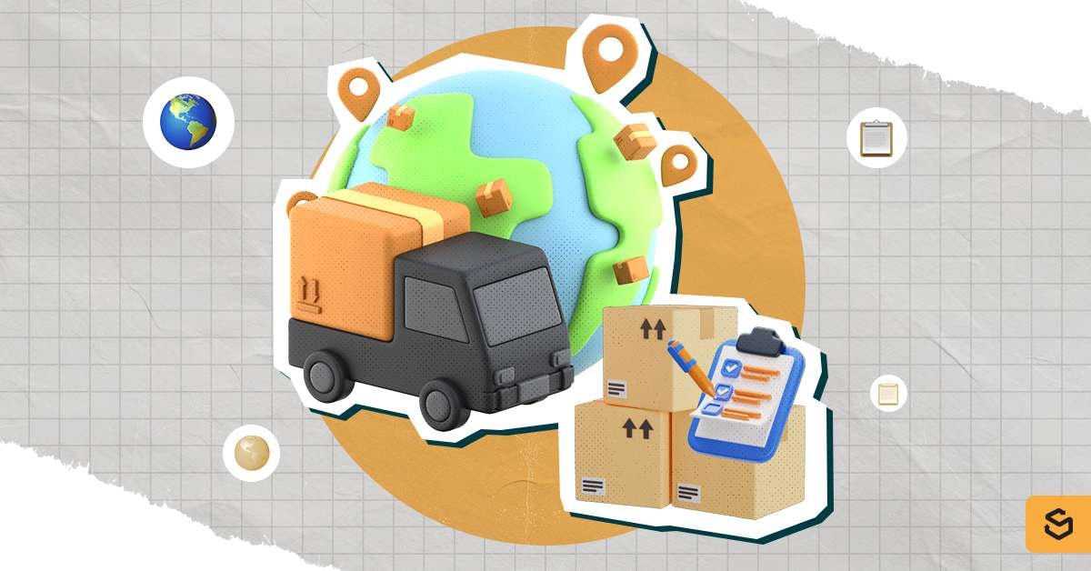 Package checklist next to a delivery truck and globe.