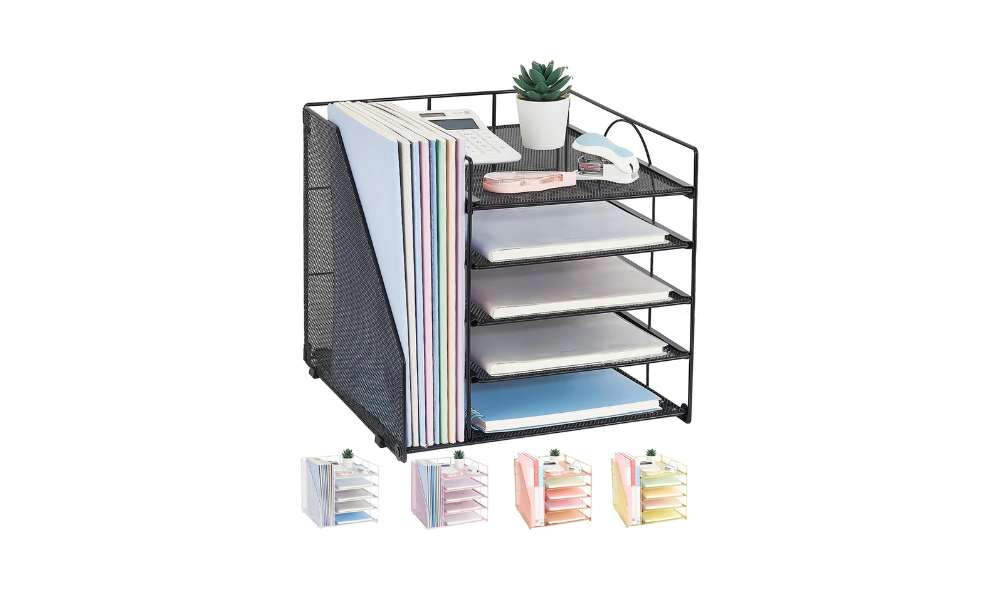 Paper tray on a desktop workspace.