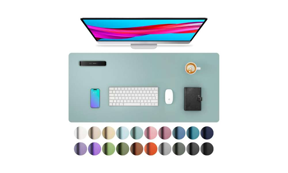 Pet hair-resistant desk pad for home office setup.
