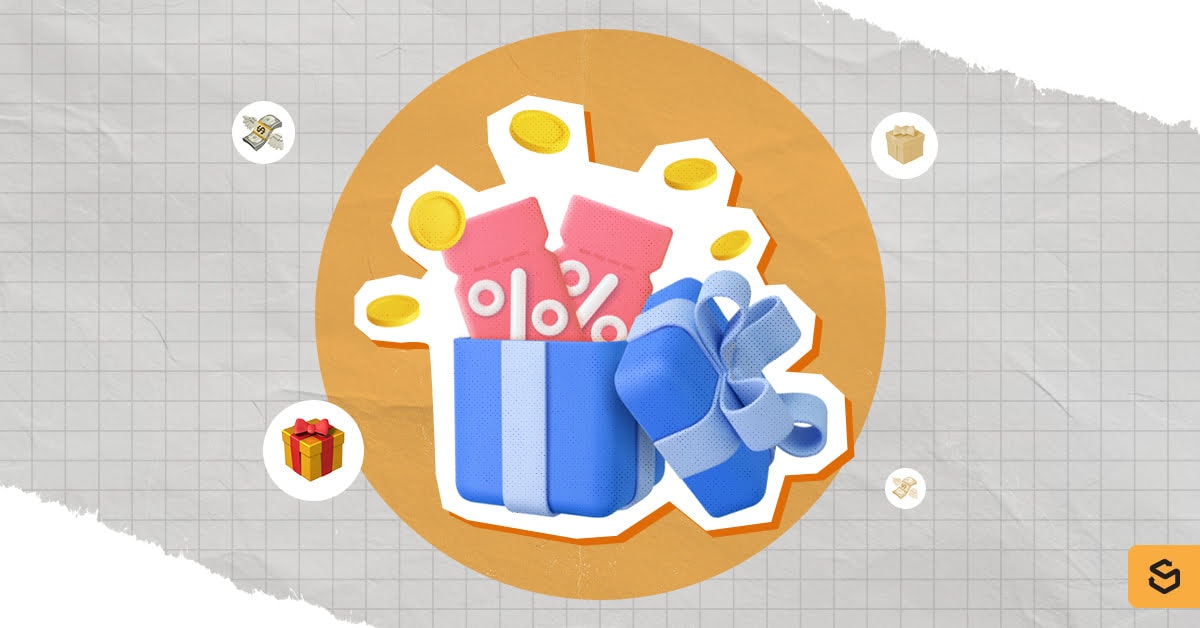 A gift box with coupon symbols and coins.