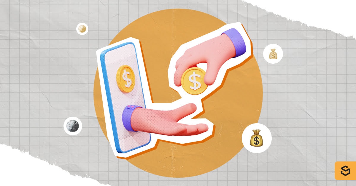 A hand passes a coin through a phone screen to another hand.