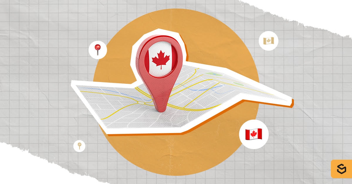 A map with a pin of the Canadian flag.