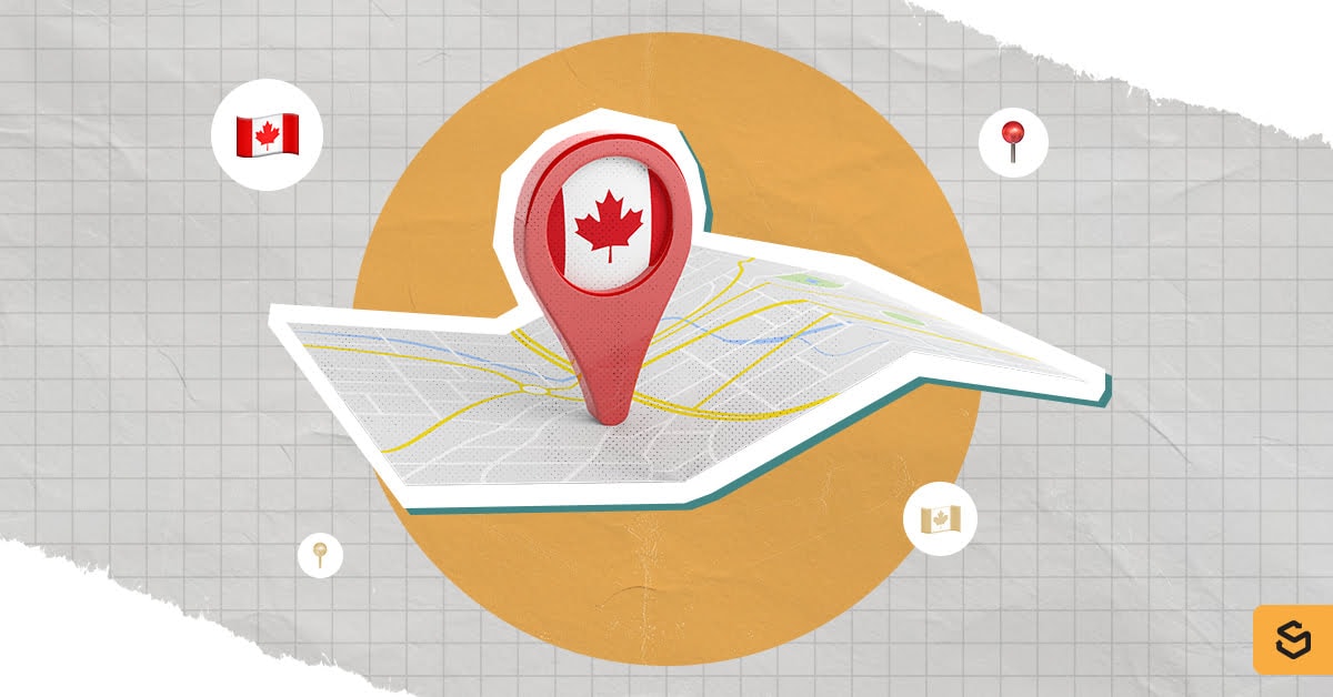  A map with a red location pin featuring a Canadian flag.