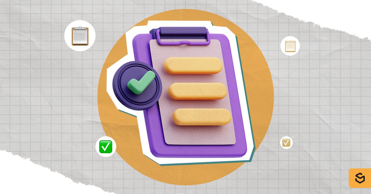 A purple clipboard with a checklist and a checkmark.