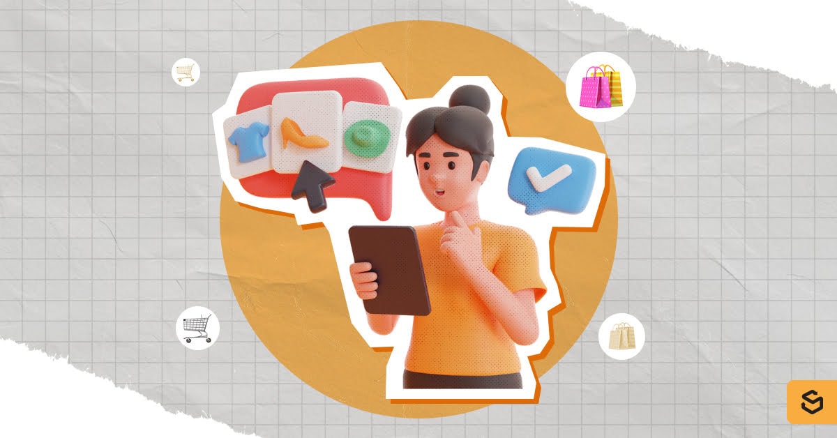 A woman holding a tablet with shopping icons floating around her.