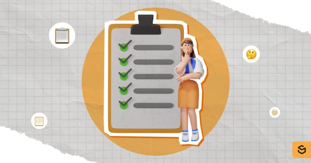 A woman thinking and a checklist behind her