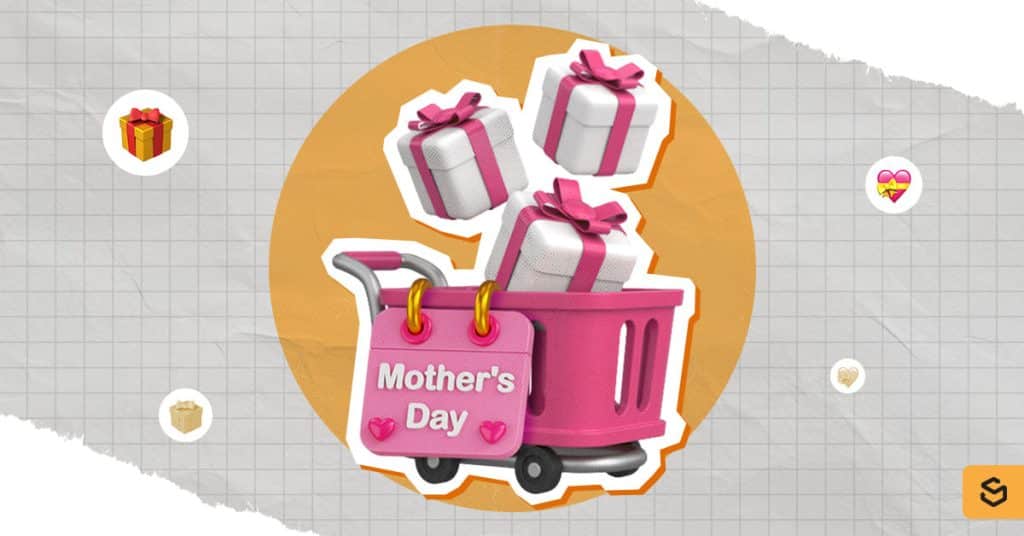 A shopping cart with a Mother's Day sign and gifts