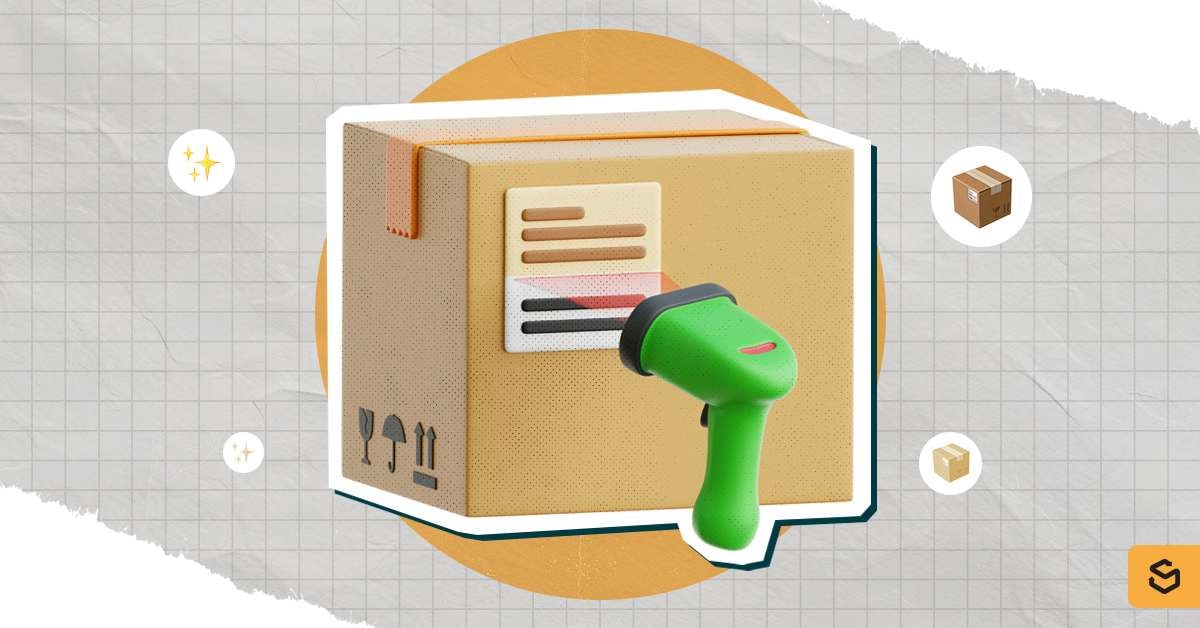 A package being scanned with a barcode scanner.