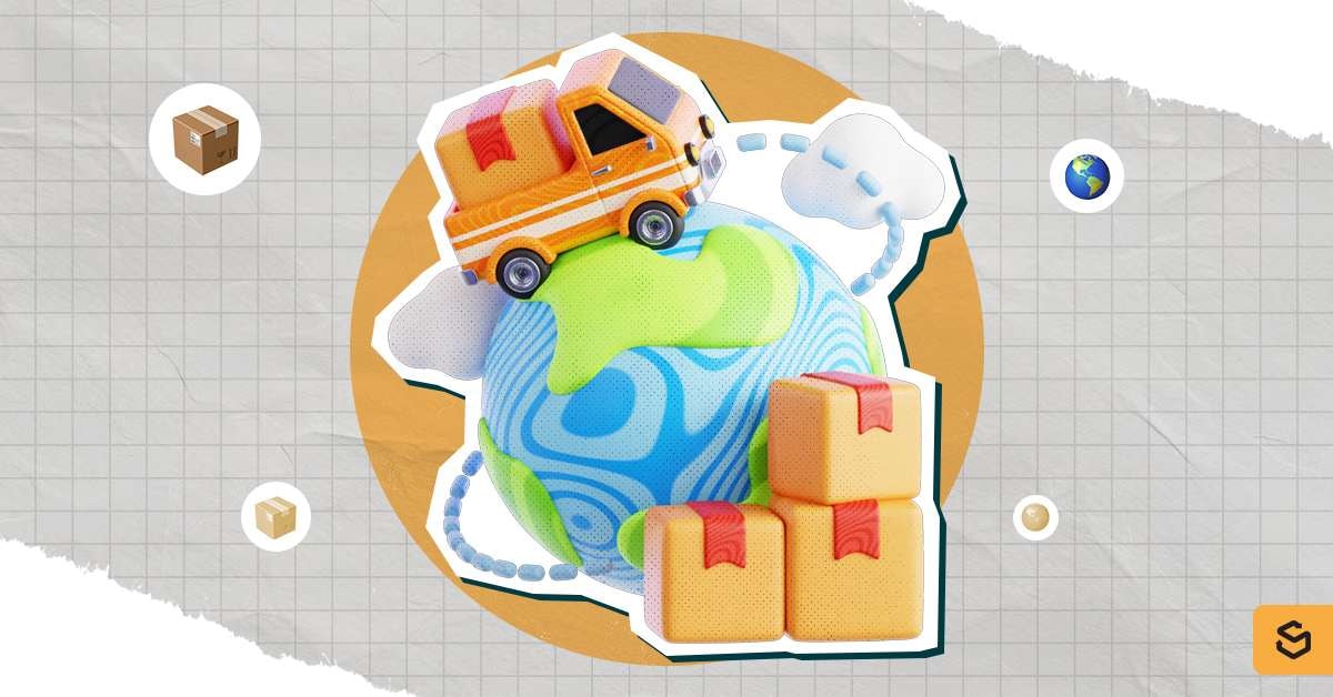 A truck with packages on a globe as the delivery method.