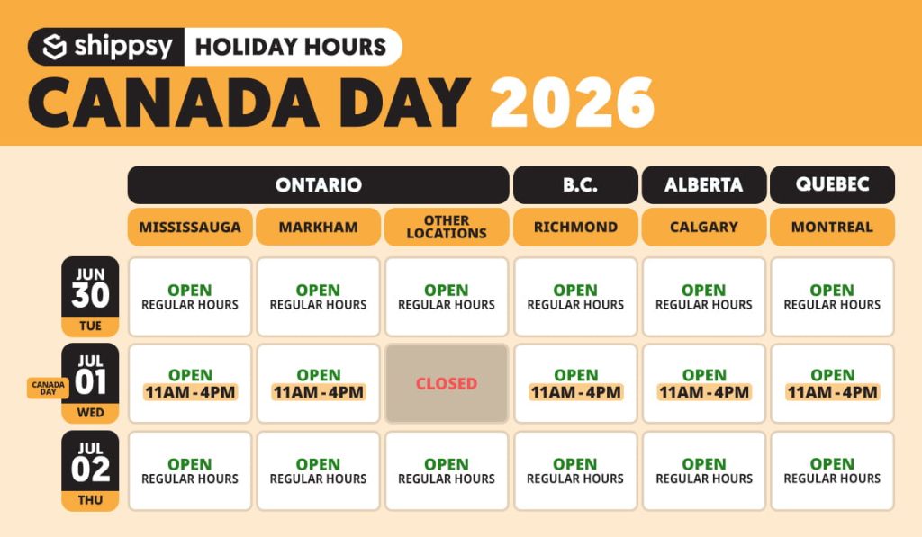 Canada Day 2026 Shippsy schedule