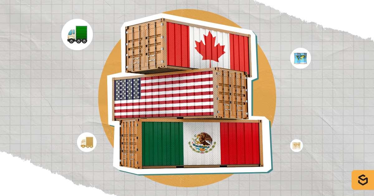 Cargo containers with maps of Canada, the US, and Mexico.