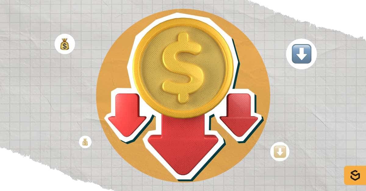 Dollar coin as international shipping cost with downward arrows.