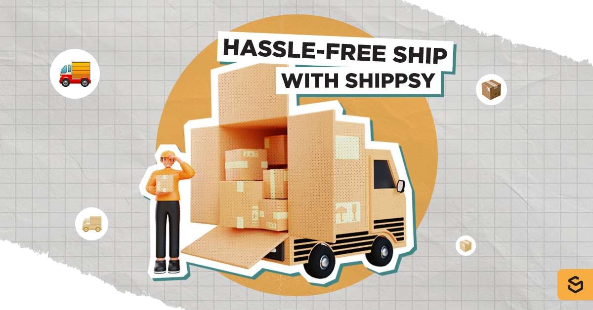 Package truck and an employee with "Hassle-free ship with Shippsy" text.